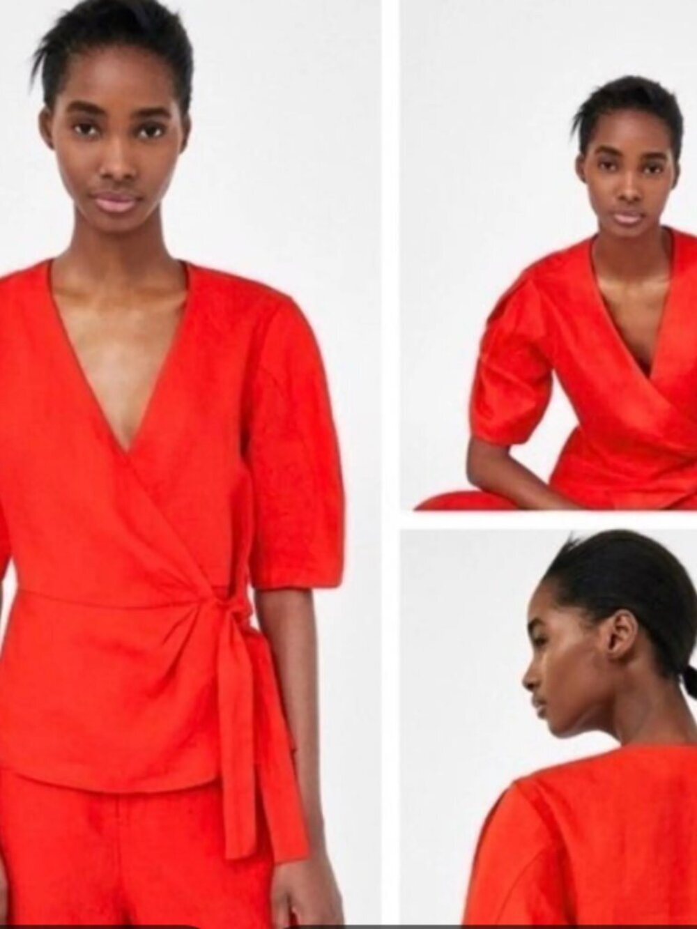 Zara 100% Linen Red Wrap Tie Crossover Short Sleeve Blouse Top M